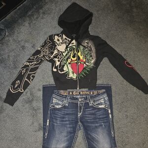 Ed Hardy Black Hoodie with Heart and Flame Design
